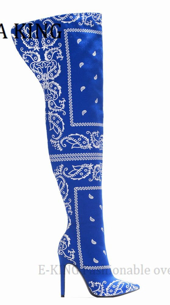 Bandana Print Women's Thigh High Over The Knee Pointed Toe Silk Boots