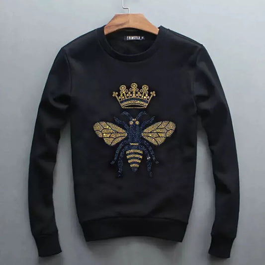 Men's Black Rhinestone Bumblebee/Skull Print Long Sleeve Hip-Hop O-Neck Sweatshirt