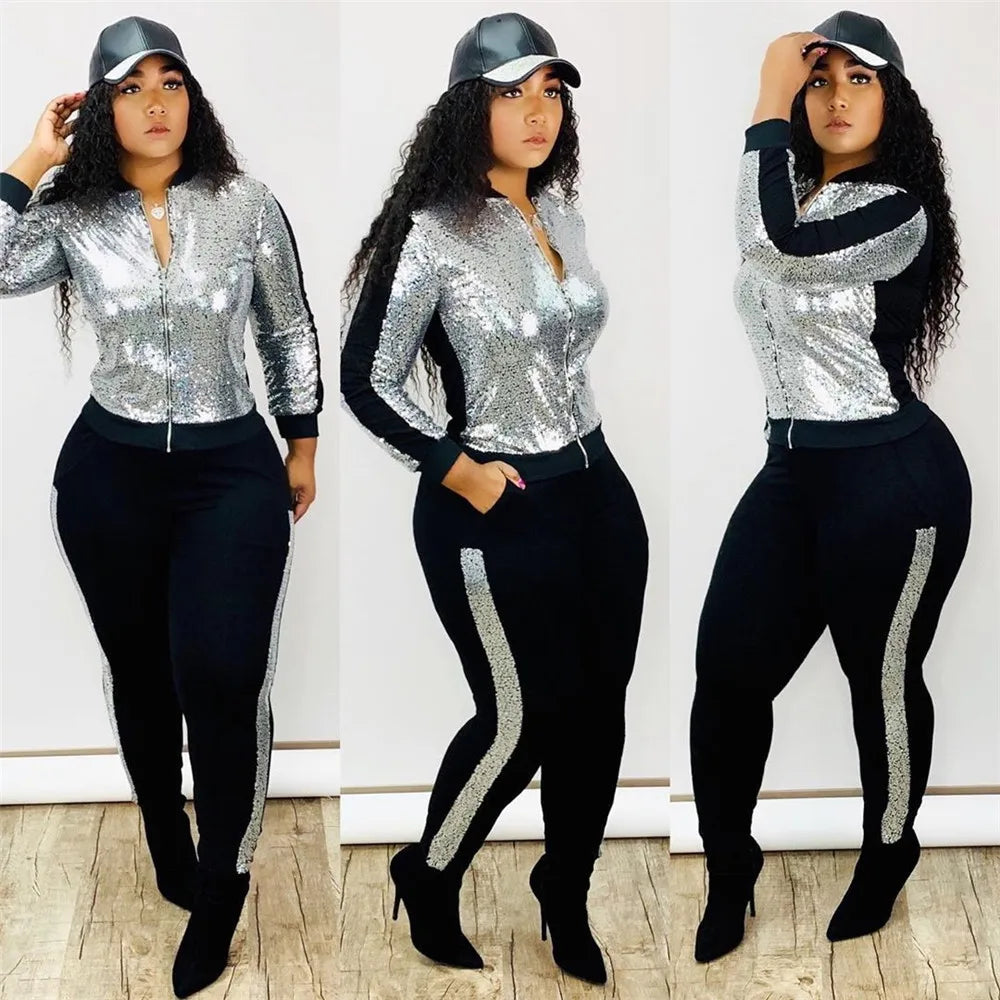 Metallic Sequined Long Sleeve Zipper Bomber Jacket + Side Striped Sweatpants Ladies Tracksuit