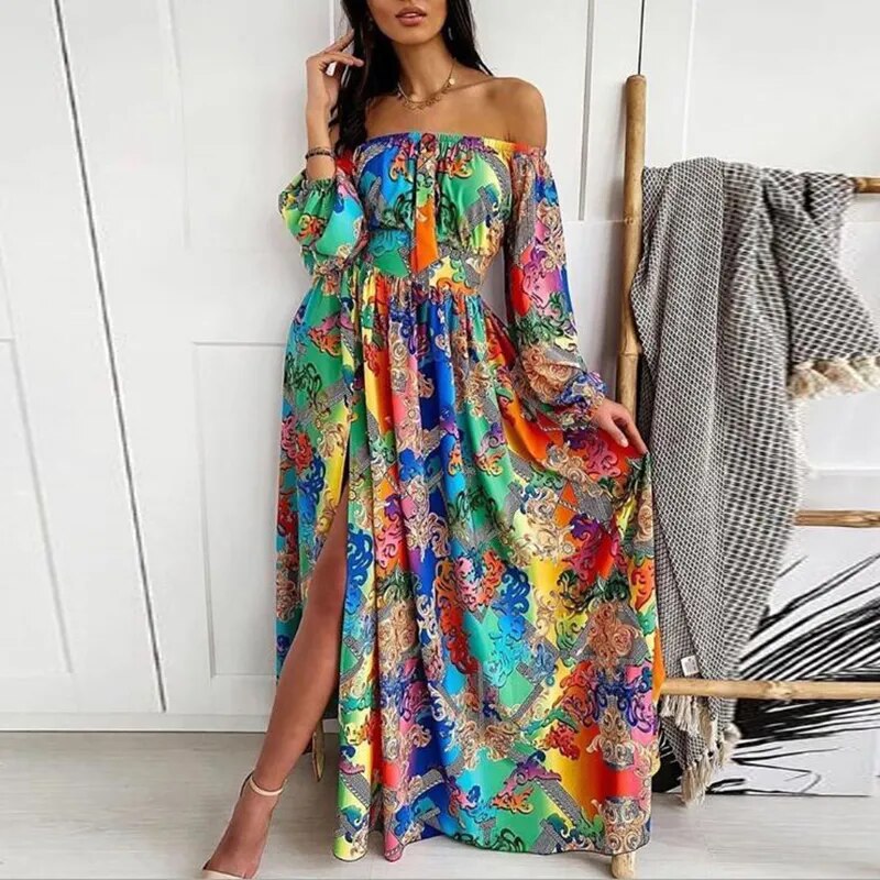 Floral Off Shoudler Strapless Split Vintage Long Sleeve Maxi Dress