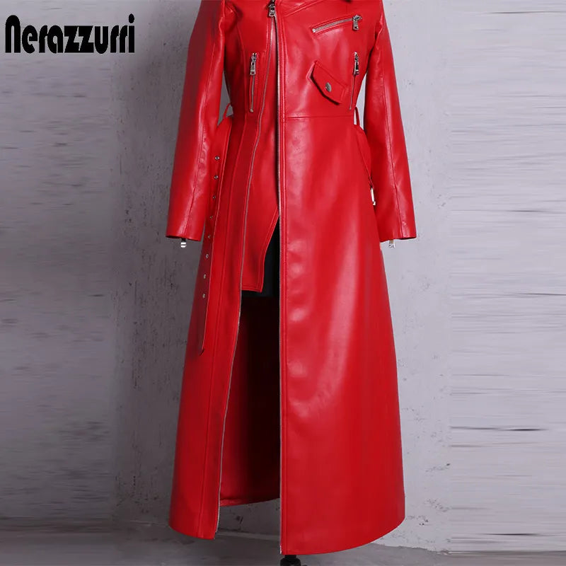 PU Leather Slash Neck Long Sleeve Runway Side Slit Dress