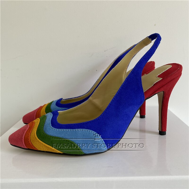 Suede Rainbow Colorblock Striped Peep Toe Shallow Chunky Square Platform Heel/Flat/ Pumps Pride Sandals