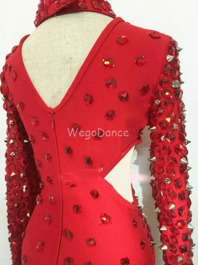 Red Rhinestone Rivet Long Sleeve Dance/Stage Performance Bodysuit