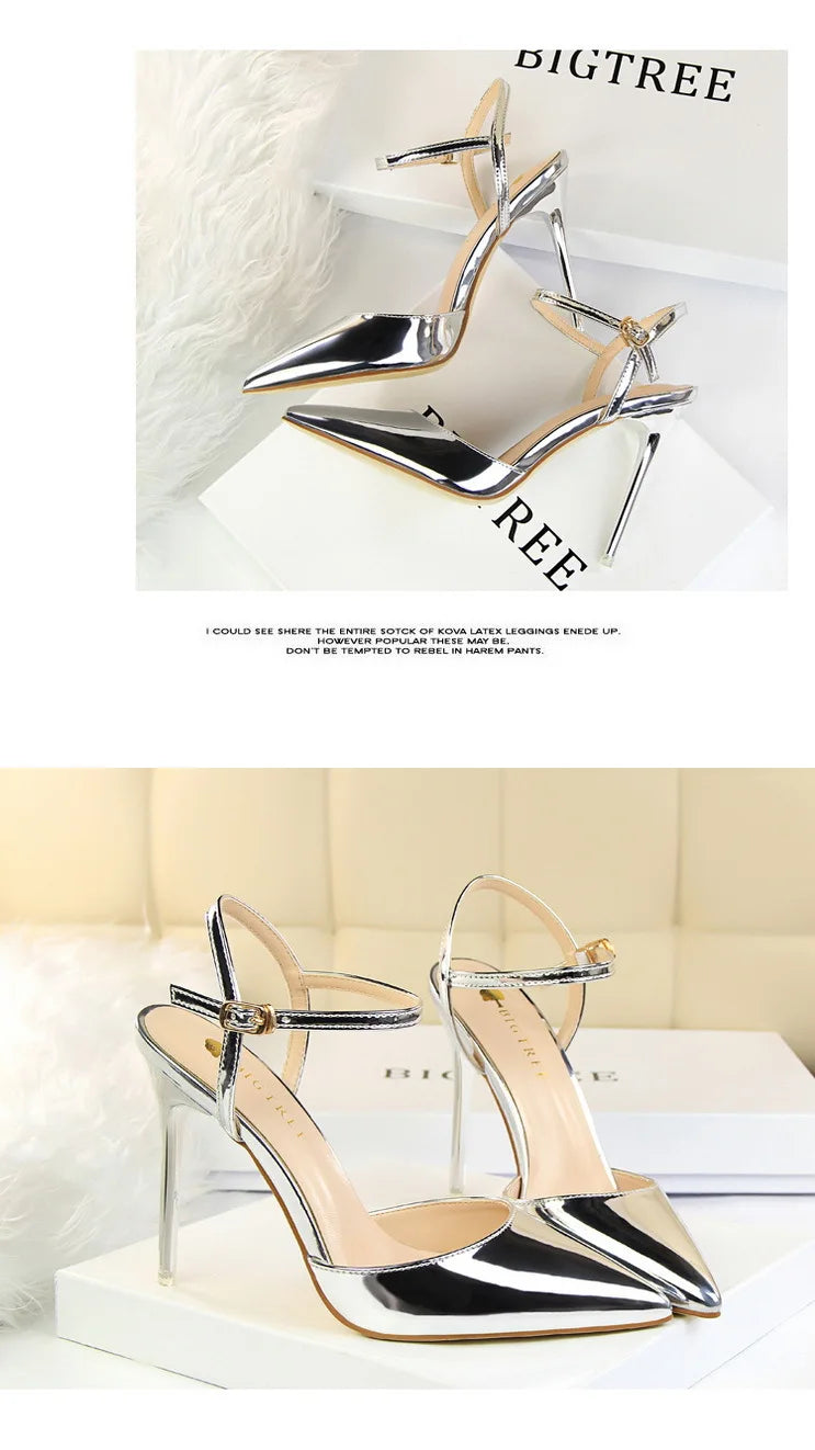 Patent Leather Stiletto Heel Buckle Strap Solid Color Sandal Pumps