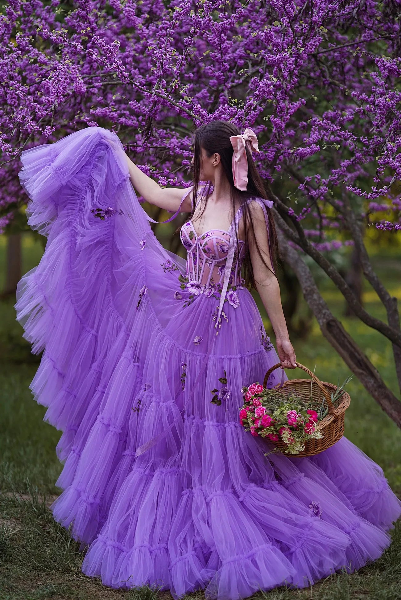 Purple Adjustable Strap Bowtie Tulle Layered Tulle Evening A-Line Floral Lace-Up Back Formal Dress