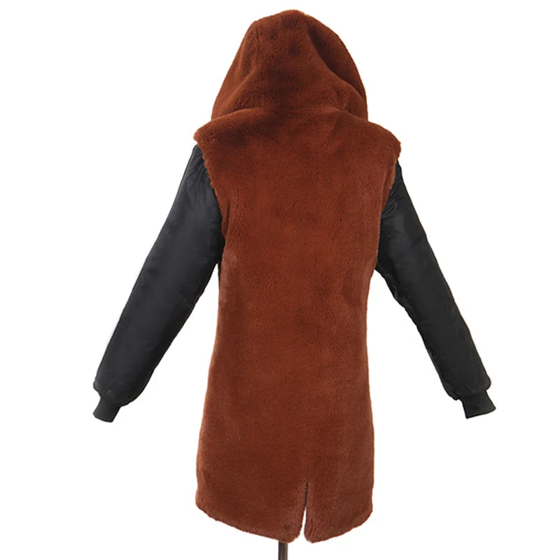 Colorblock Real Fur Oversized Collar Hip-Hop Design Women's Hooded Full Pelt Trenchcoat