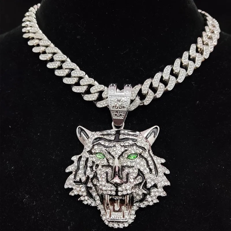 3D Tiger Pendant Crystal Cuban Chain Hip-Hop Iced Out Bling Chain Necklace