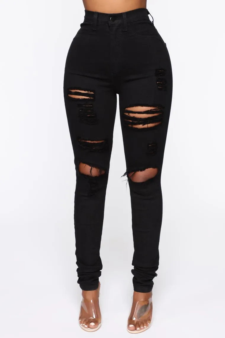 Ripped Black Ladies High Waist Stretch Skinny Denim Jeans