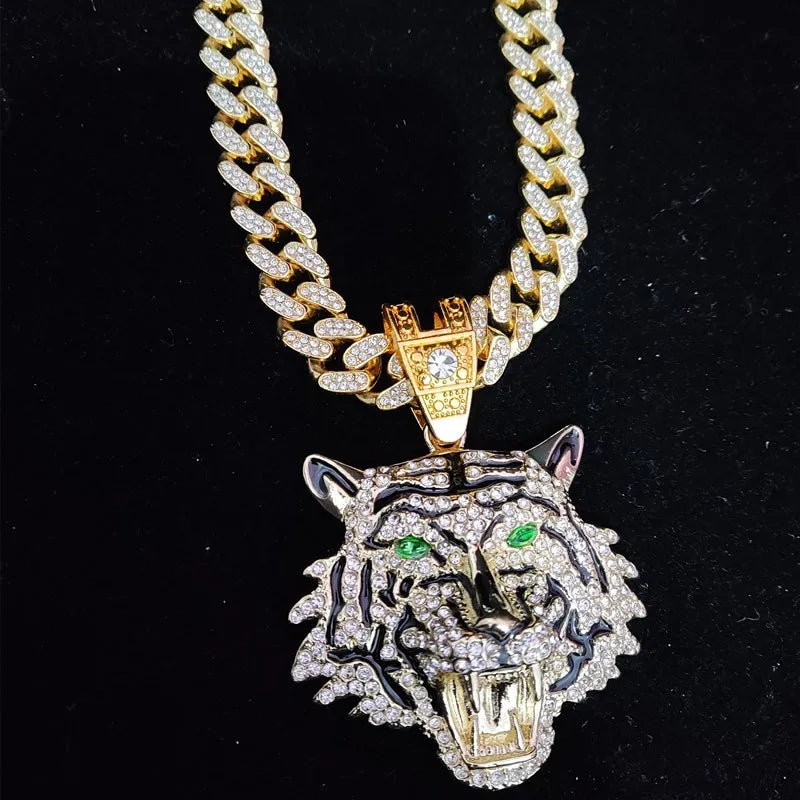 3D Tiger Pendant Crystal Cuban Chain Hip-Hop Iced Out Bling Chain Necklace