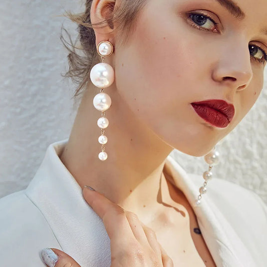 Simulated Pearl Stud Long Statement Drop Earrings