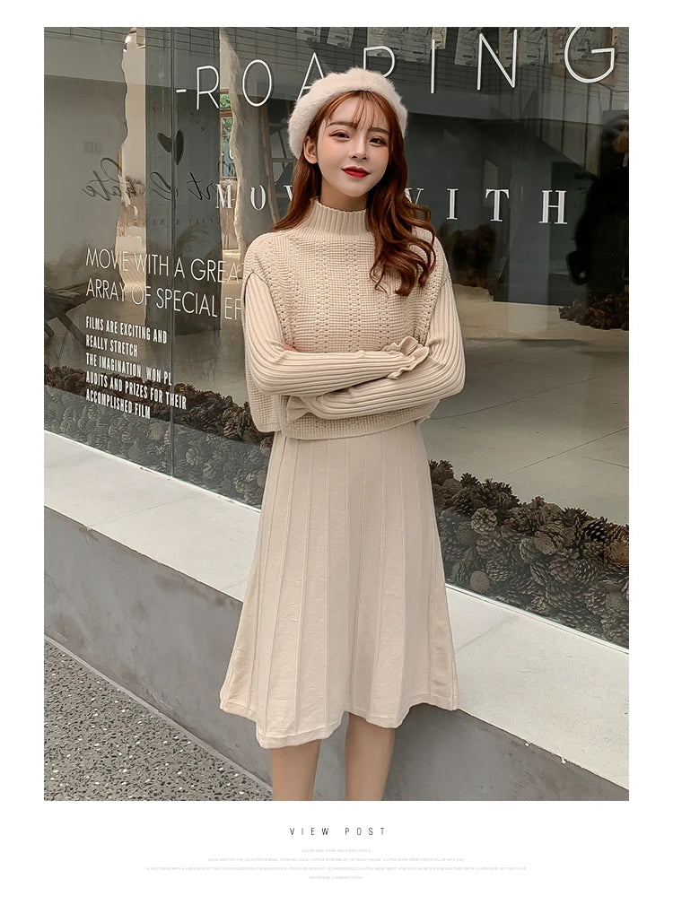 Solid Long Sleeve Pullover Sweater + Knitted Pleated Midi Skirt 2-Piece Set