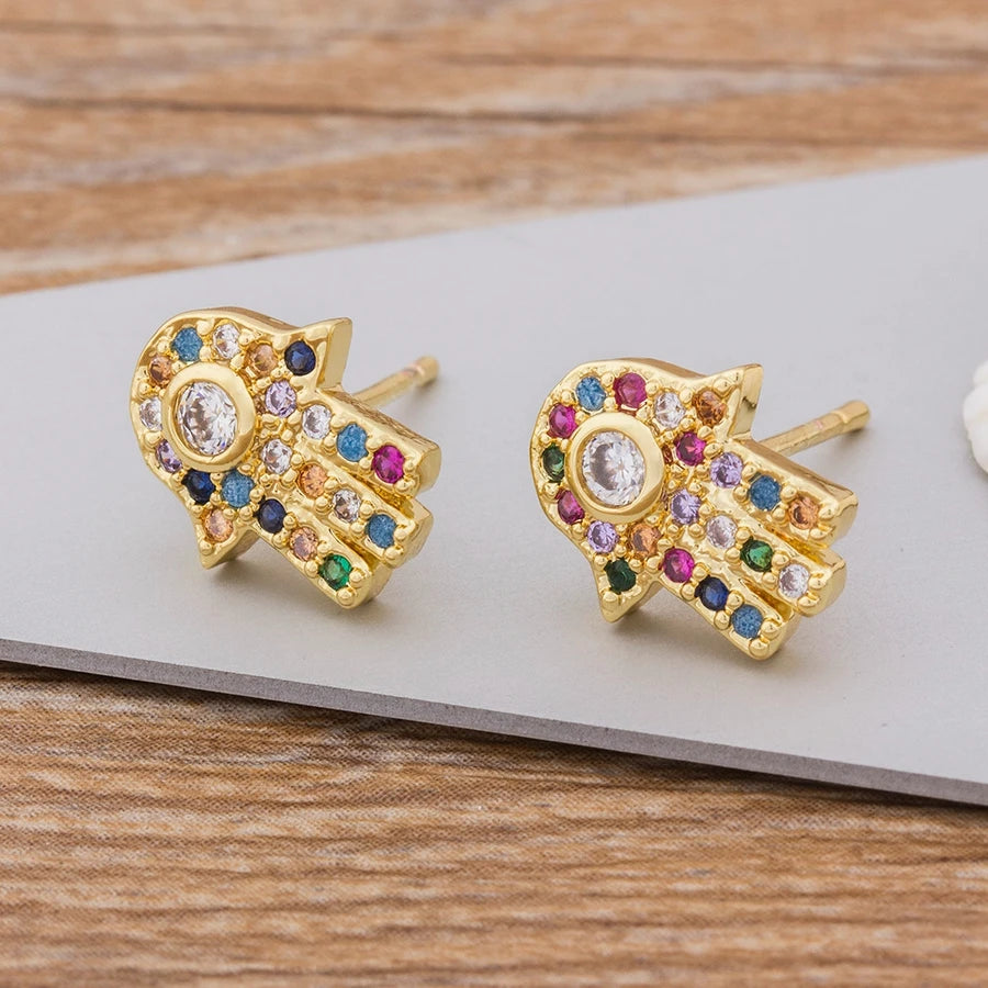 Rainbow Cross Gold Color Micro Paved CZ Earrings