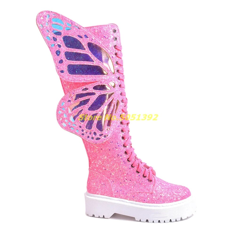 Pink Glitter Knee High Muffin Lace Up Glitter Round Toe Boots