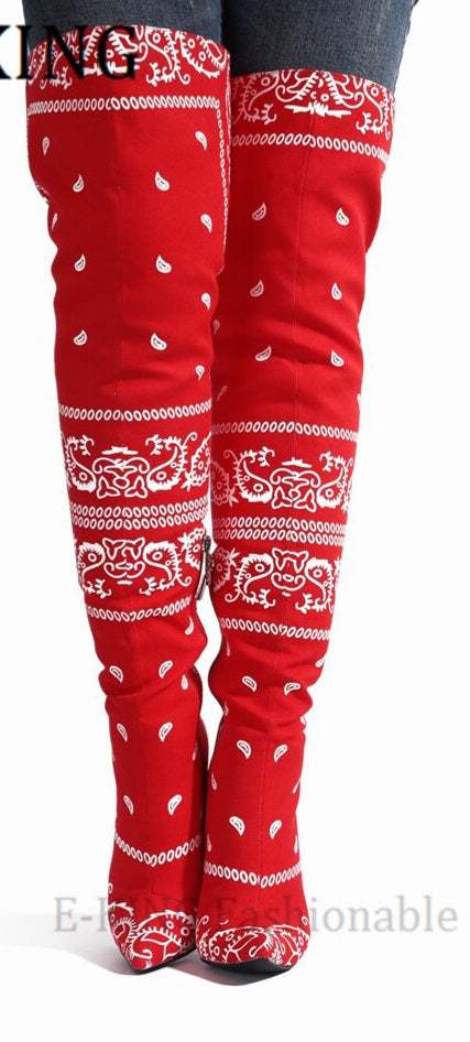 Bandana Print Women's Thigh High Over The Knee Pointed Toe Silk Boots