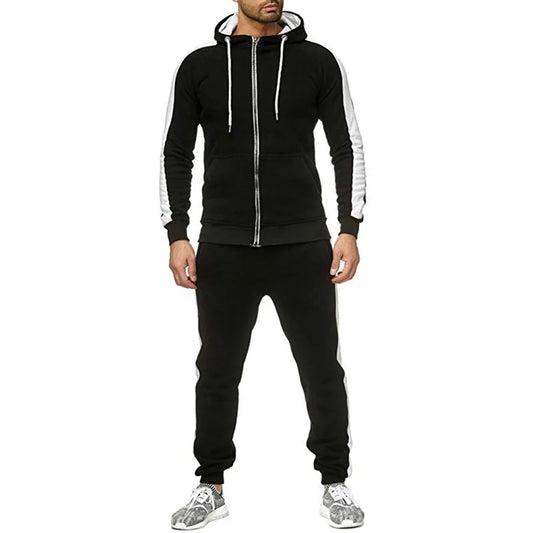 Drawstring Men's Mandarin Collar Side Striped Colorblock Hoodie Jacket + Skinny Sweatpants Tracksuit