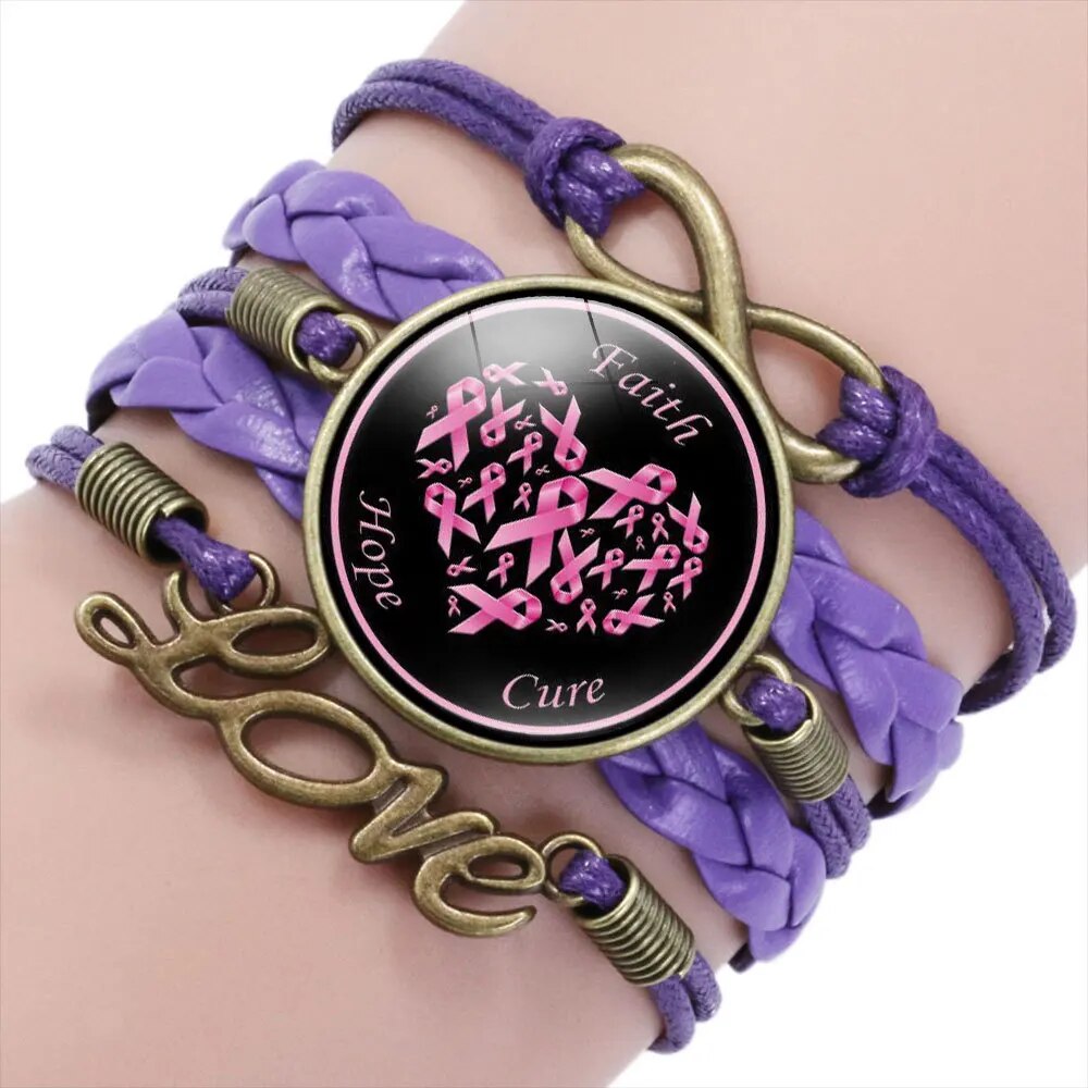 Breast Cancer Awareness Leather Faith Hope Cure Pink Ribbon Cluster Bracelet Bangle