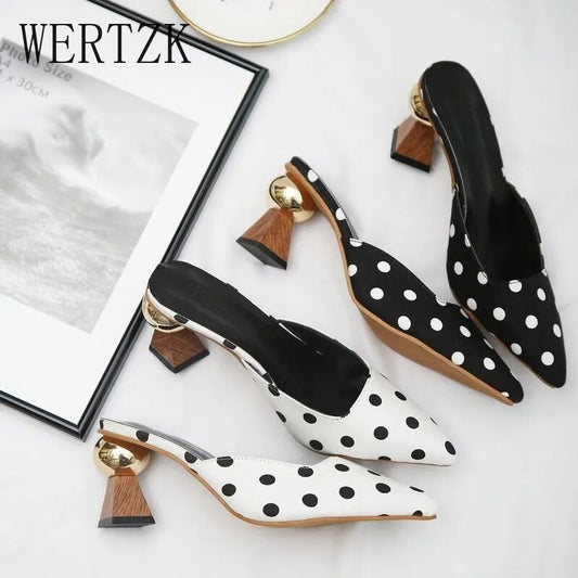 Polka Dot Pointed Toe Metal Heel Mules