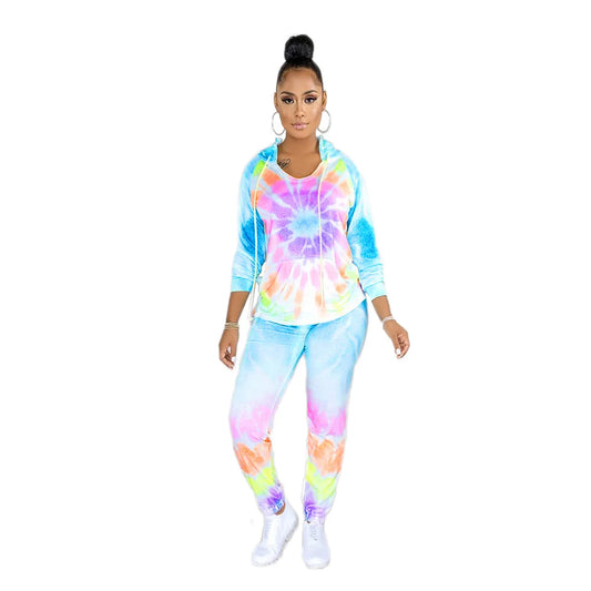 Pastel Tie-Dye Print O-Neck Long Sleeve Hoodie Sweatshirt + Sweatpants Ladies Tracksuit