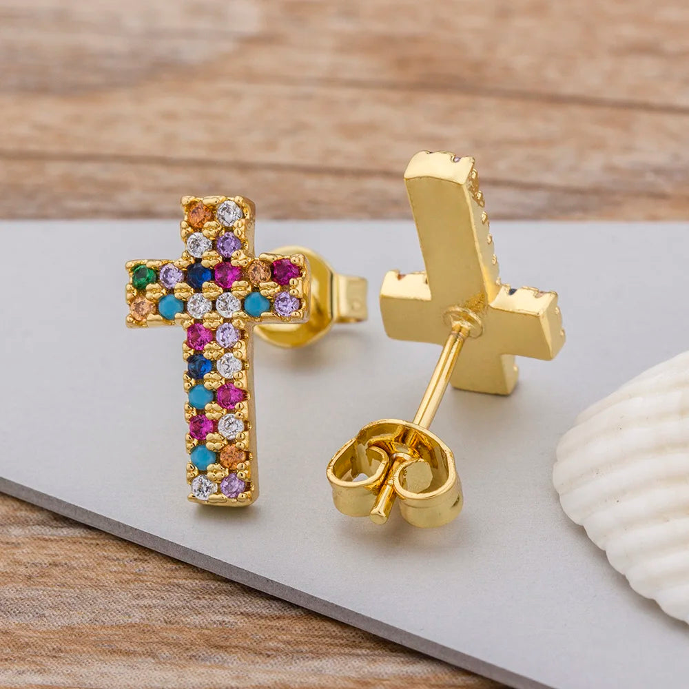 Rainbow Cross Gold Color Micro Paved CZ Earrings