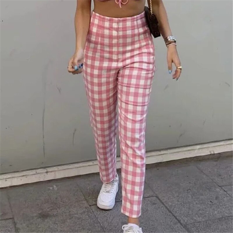 Pink Plaid Suit Cotton Long Pants