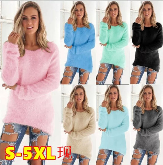 Fleece Solid Color O-Neck Pullover Women's Sweater to 5X