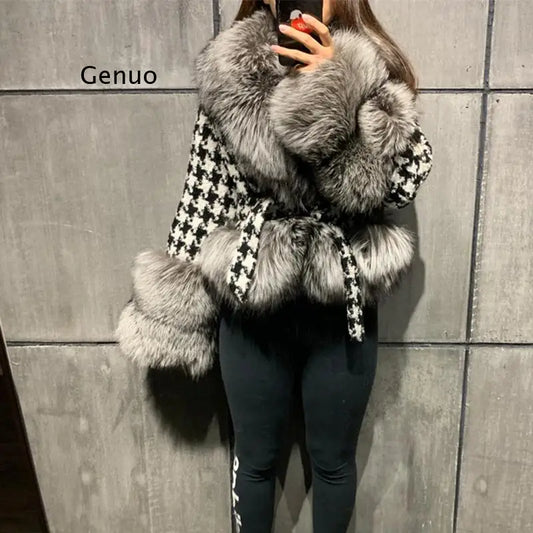 Faux Fur Collar Ladies Tie Sash Belt Houndstooth Jacket