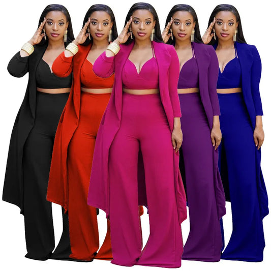 Maxi Blazer, Crop Halter Top + Wide Leg Pants 3-Piece Set