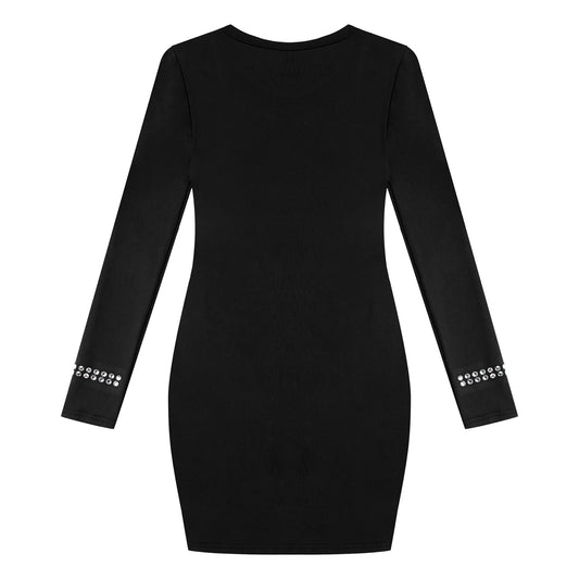 Sparkling Rhinestone Skinny Ladies Solid Round Neck Long Sleeve Bodycon Dress