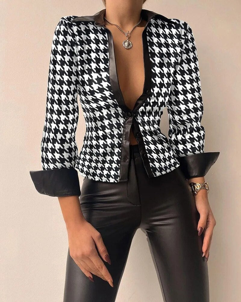 Faux Leather Turn-Down Collar Geometric/Plaid/Mock Denim/Houndstooth Print Deep V-Neck Blouse