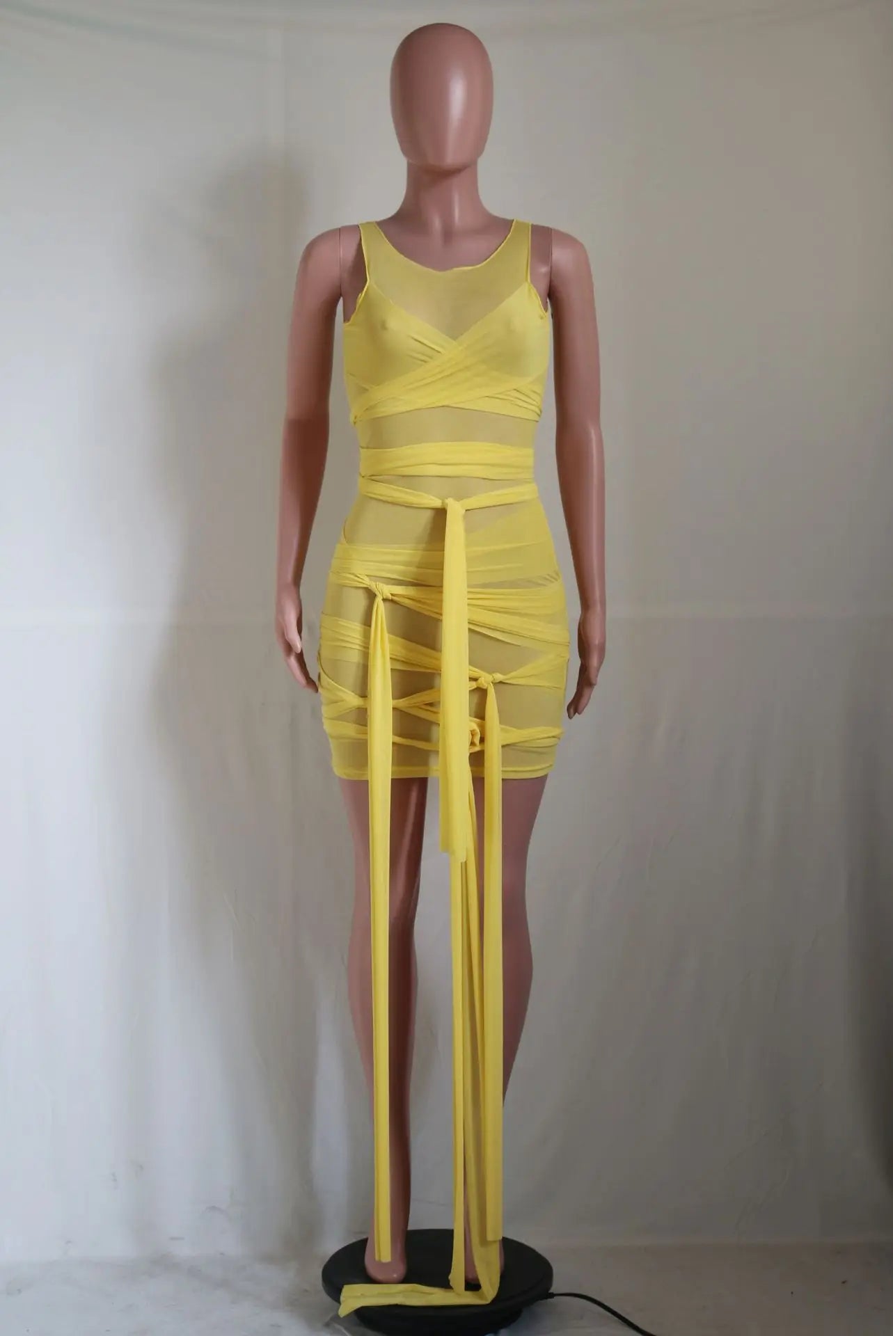 Sleeveless Bandage Criss-Cross Hollow-Out Design Transparent Mesh Mini Club Party/Prom Dress