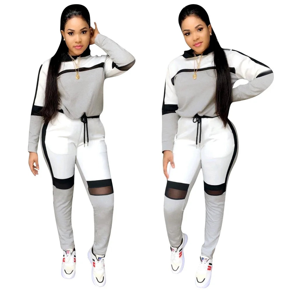 Mesh Colorblock Women's Long Sleeve Hoodie Sweatshirt + Pencil Sweatpant Matching Tracksuit