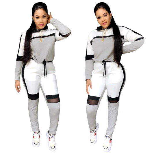 Mesh Colorblock Women's Long Sleeve Hoodie Sweatshirt + Pencil Sweatpant Matching Tracksuit