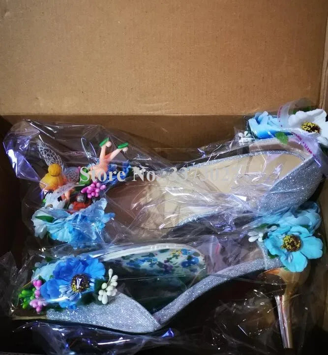 Pink/Baby Blue Rose Flower Decor Women's High Heel Pointed Toe Slip-On Pumps