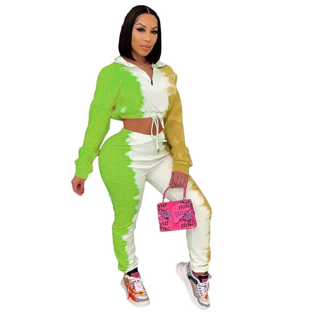 Tie-Dye Colorblock Women's Long Sleeve Zipper Pullover Crop Top + Sweatpants Tracksuit