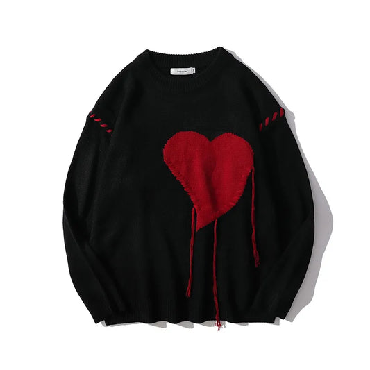 Heart Design Knitted Unisex Oversized Pullover Colorblock Sweater