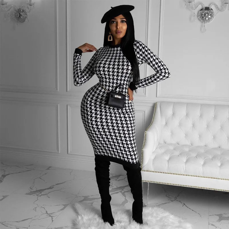 Black/White Houndstooth Print Long Sleeve Bodycon Streetwear Midi Dress