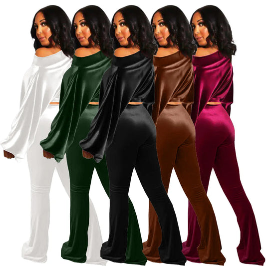 Velvet Solid One Shoulder Long Sleeve Crop Top + Flared Leg Pants Women's Tracksuit