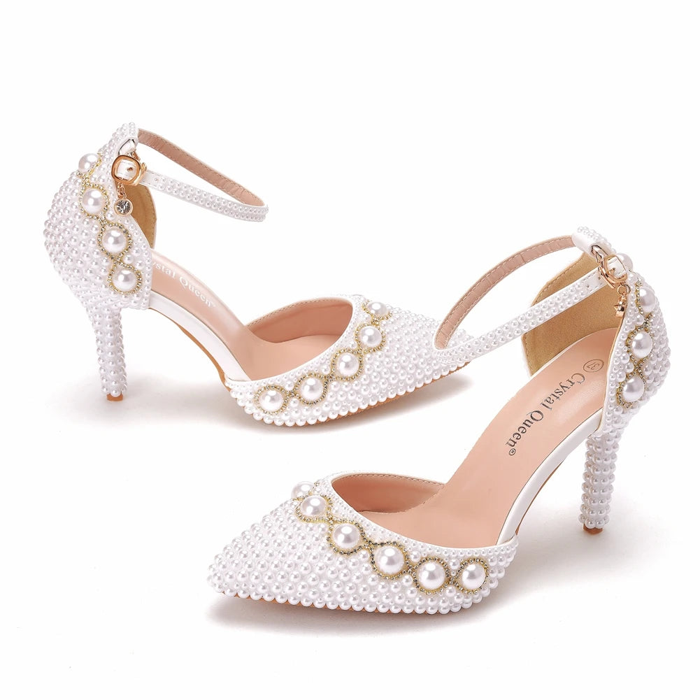 Crystal White Pearl Diamond Wedding Stiletto Heel Ankle Buckle Strap Sandal Pumps