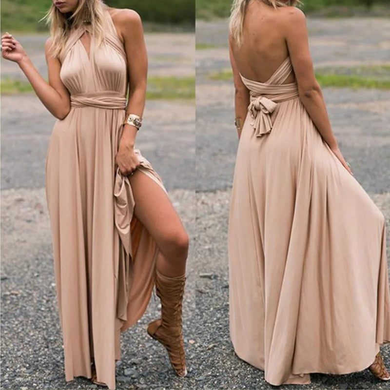 Solid Color Bandage Adjustable Sleeveless V-Neck Criss-Cross Back Bridesmaid/Party Maxi Dress