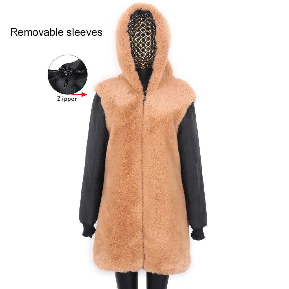 Colorblock Real Fur Oversized Collar Hip-Hop Design Women's Hooded Full Pelt Trenchcoat