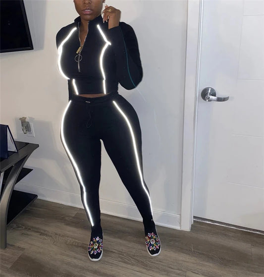 Reflective Side Striped Patchwork Women's Cropped Zipper Jacket + Sweatpants Tracksuit