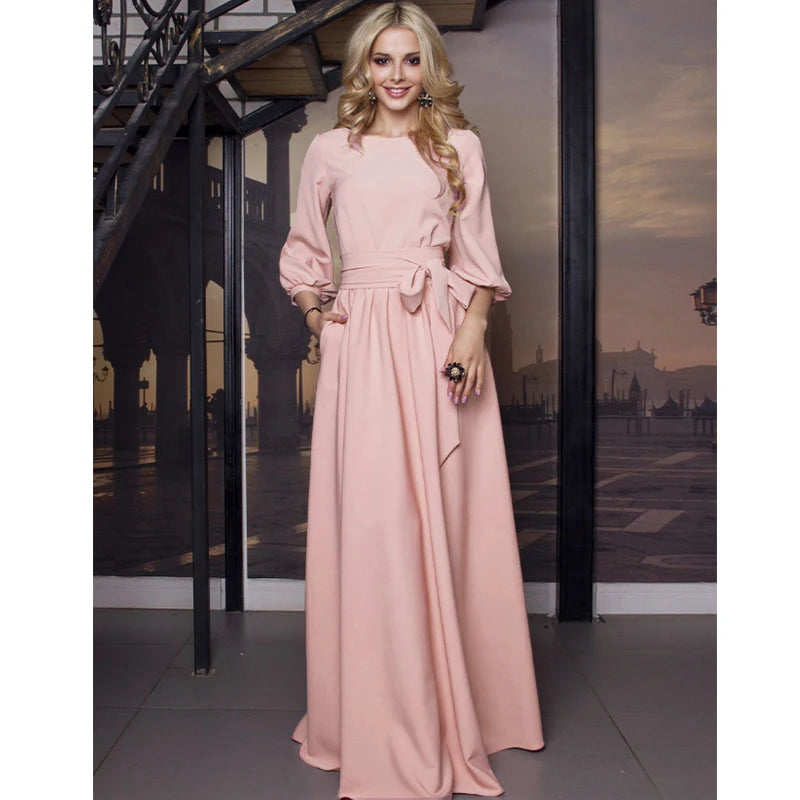 Lantern Vintage Bowtie Maxi Long Sleeve Bandage O-Neck Bohemian Floor-Length Dress