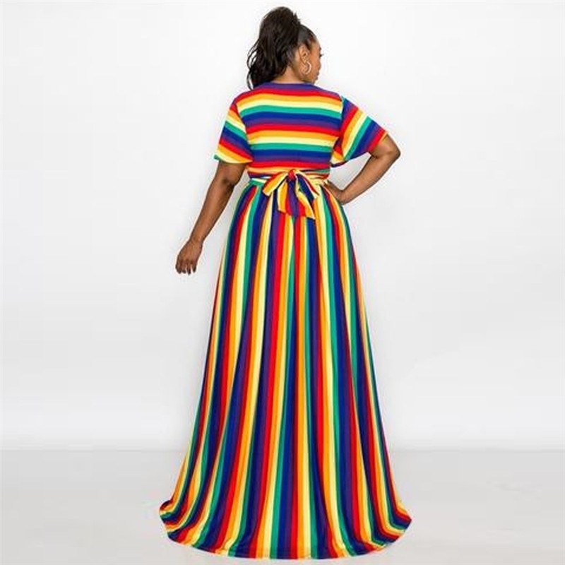 Rainbow Striped Short Sleeve Print Top + Elastic Waist Maxi Skirt 2-Piece Set to 5X