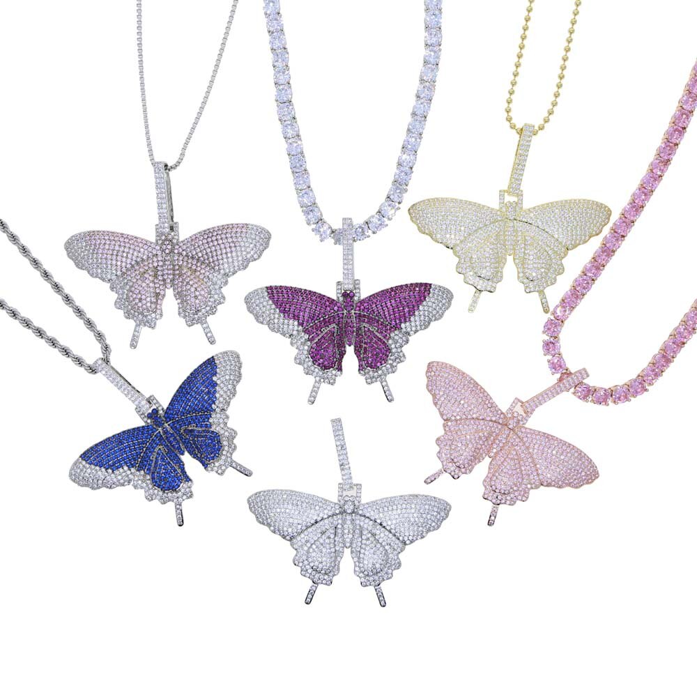 Micro Paved Colorful CZ Butterfly Pendant Necklace