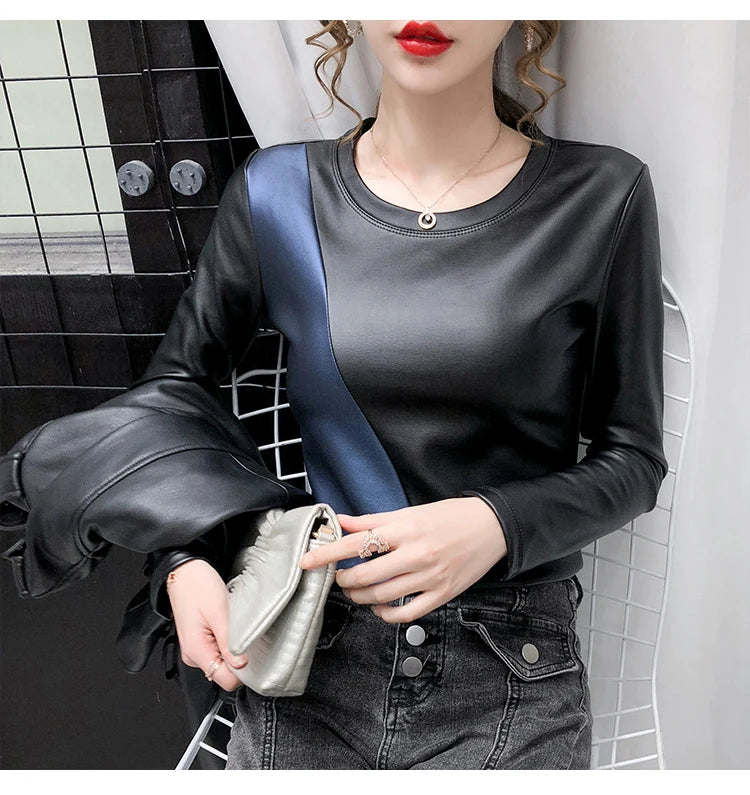 PU Leather O-Neck Colorblock/Solid Velvet Lined Long Sleeve Patchwork Elastic Women's Shirt to 4X Plus Size