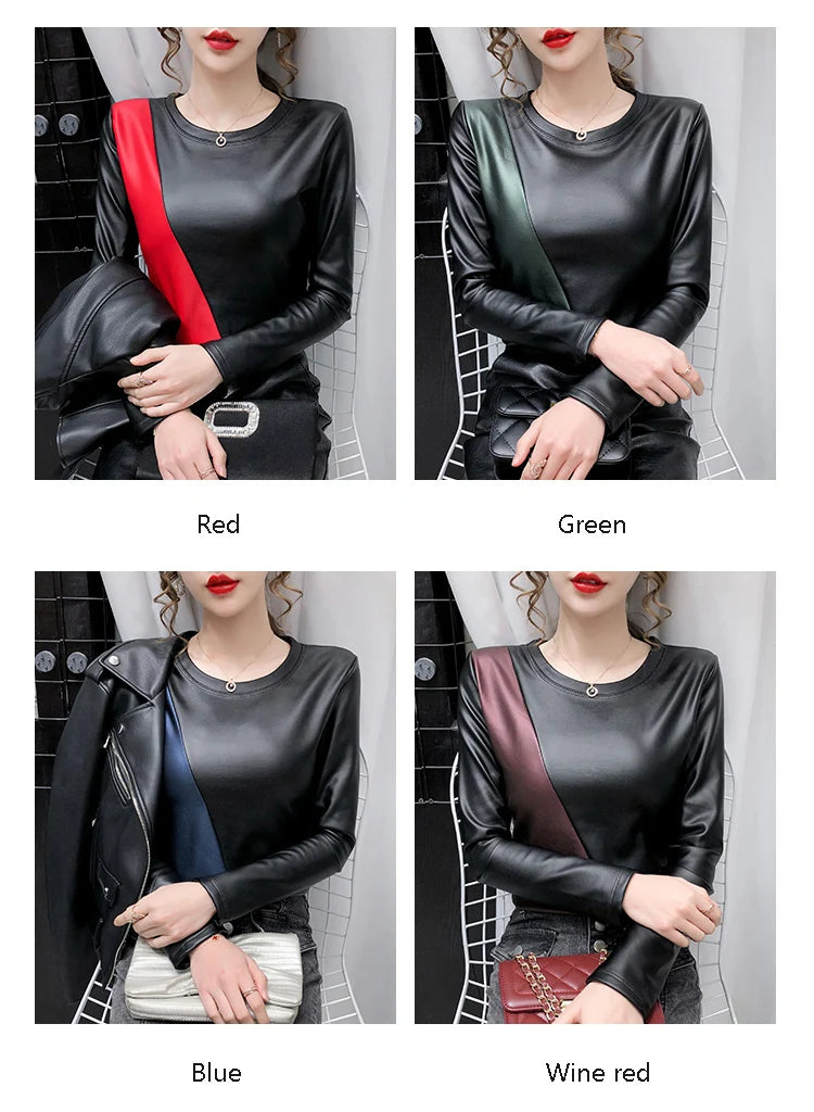 PU Leather O-Neck Colorblock/Solid Velvet Lined Long Sleeve Patchwork Elastic Women's Shirt to 4X Plus Size