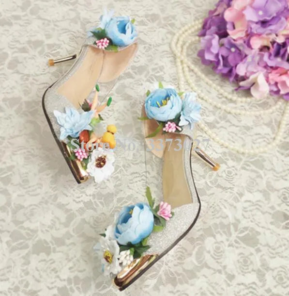Pink/Baby Blue Rose Flower Decor Women's High Heel Pointed Toe Slip-On Pumps