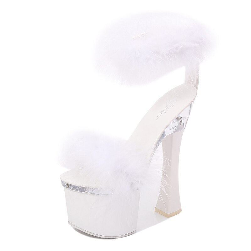 Feather Double Strap Thick Platform Open Toe Sandals