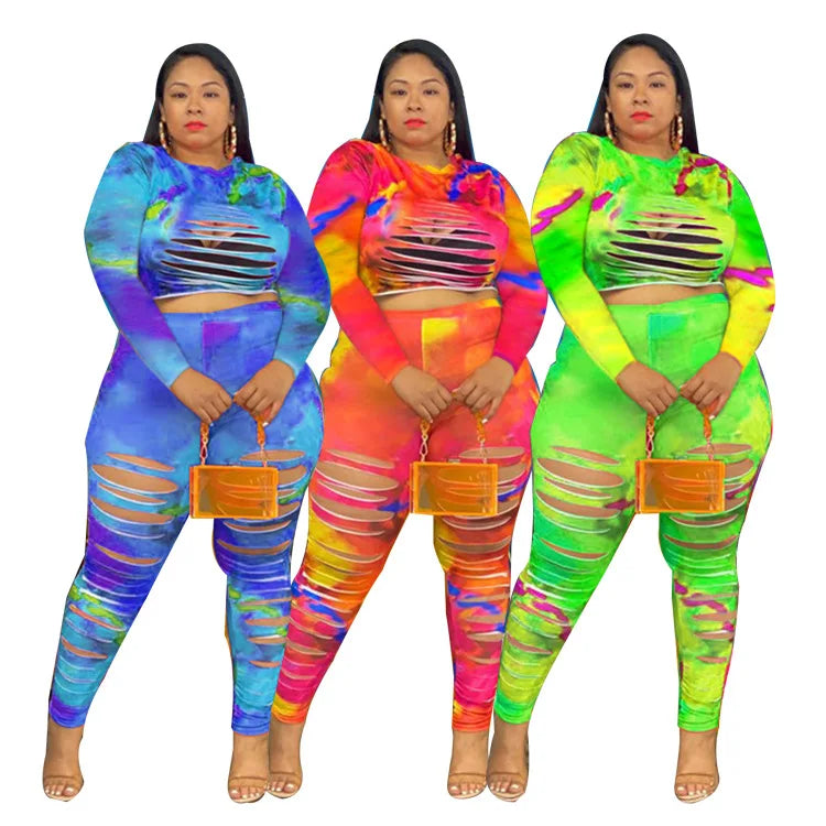 XL-5XL Plus Size Sets Fashion 2022 Hole Tie Dye Long Sleeve 2 Two Piece Pants Suits Sexy Women Outfots Wholesale Dropshipping