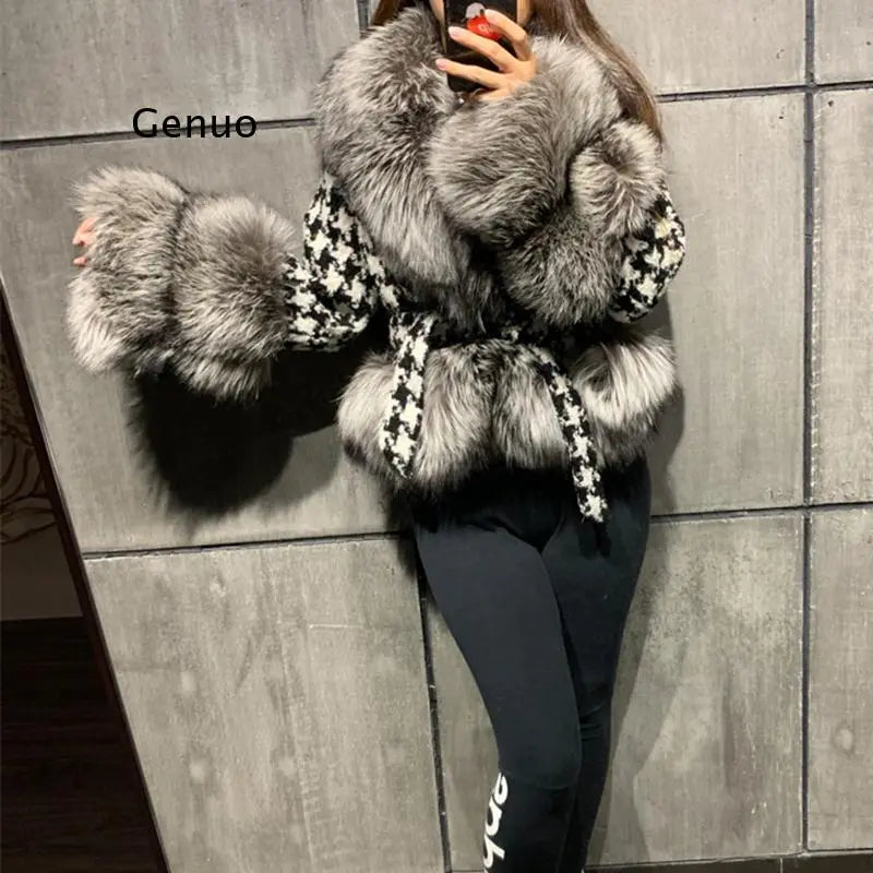 Faux Fur Collar Ladies Tie Sash Belt Houndstooth Jacket